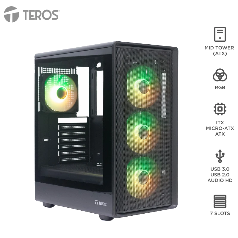 Case Sin Fuente Gamer Teros Te-1323g, Itx, M-atx, Atx, 3.5" Y 2.5", Negro