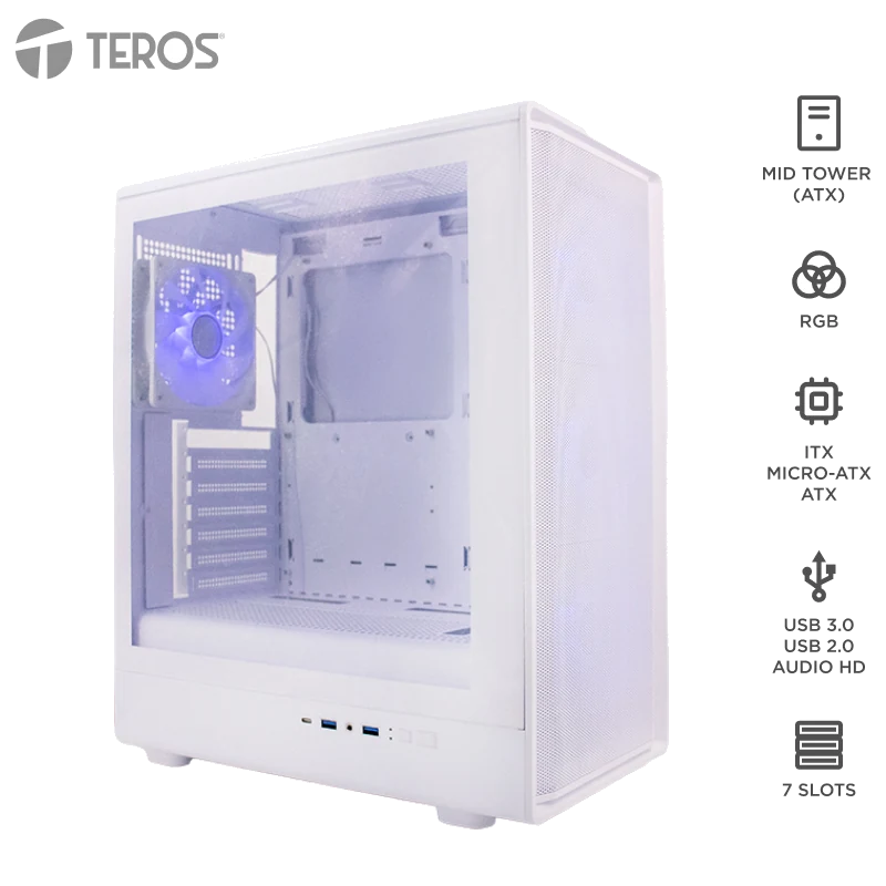 Case Sin Fuente Gamer Teros Te-1329g, Itx, M-atx, Atx, 3.5" Y 2.5", Blanco