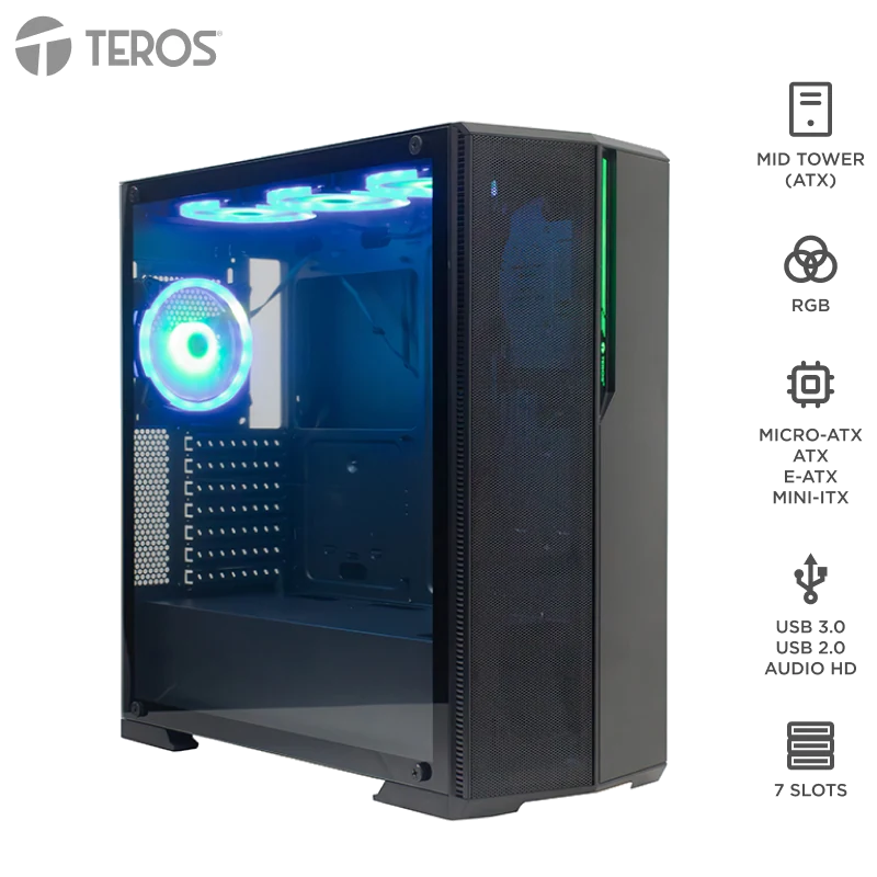 Case Gamer Teros Te1175n, Mid Tower, Negro, Usb 3.0, Usb 2.0, Audio.