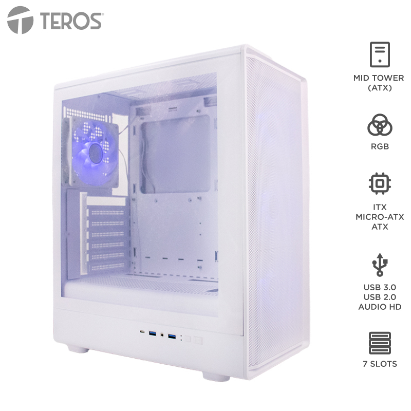 Case Sin Fuente Gamer Teros Te-1329g, Itx, M-atx, Atx, 3.5" Y 2.5", Blanco