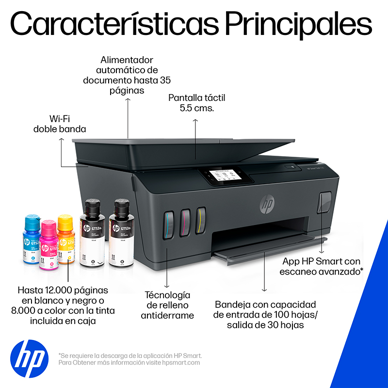 Impresora All-in-one de tinta HP Smart Tank 530, Imprime/Escanea/Copia/Wi-Fi/BT/USB 2.0