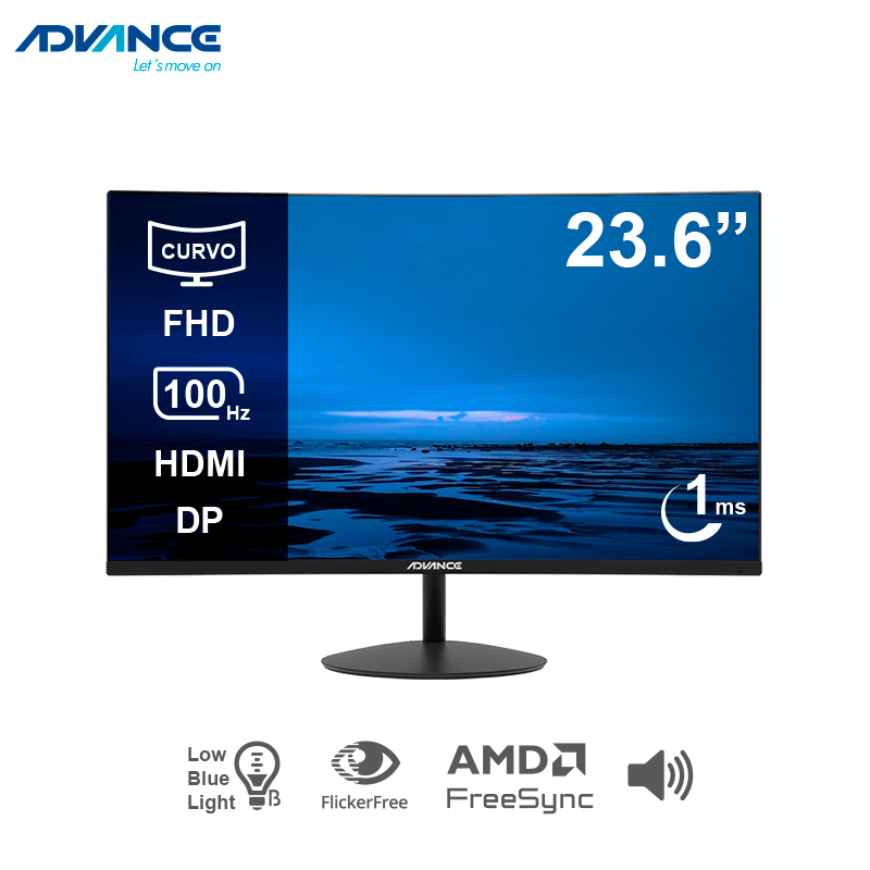 Monitor Curvo Advance Adv-2452s, 23.6" Fhd Va, 100hz, 1ms, Hdmi, Dp, Parlante, Negro
