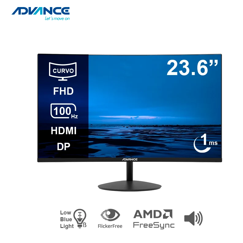 Monitor Curvo Advance Adv-2452s, 23.6" Fhd Va, 100hz, 1ms, Hdmi, Dp, Parlante, Negro