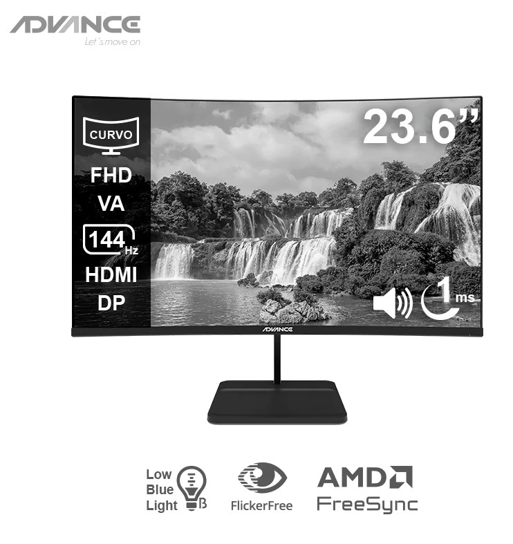 Monitor Curvo Advance Adv-2456s, 23.6" Fhd Va, 144hz, 1ms, Hdmi, Dp, Audio Out, Parlantes