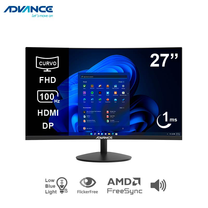 Monitor Curvo Advance Adv-2751s, 27" Fhd Va, 100hz, 1ms, Hdmi, Dp, Parlantes, Negro