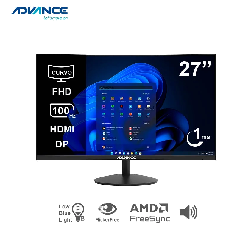 Monitor Curvo Advance Adv-2751s, 27" Fhd Va, 100hz, 1ms, Hdmi, Dp, Audio Out, Parlantes