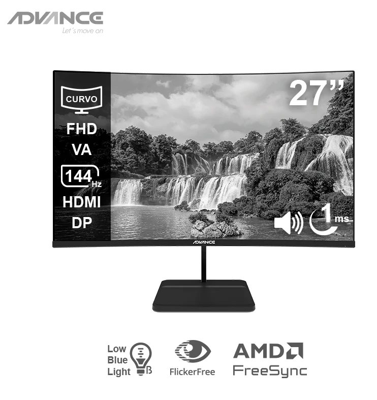 Monitor Curvo Advance Adv-2752s, 27" Fhd Va, 144hz, 1ms, Hdmi, Dp, Audio Out, Parlantes