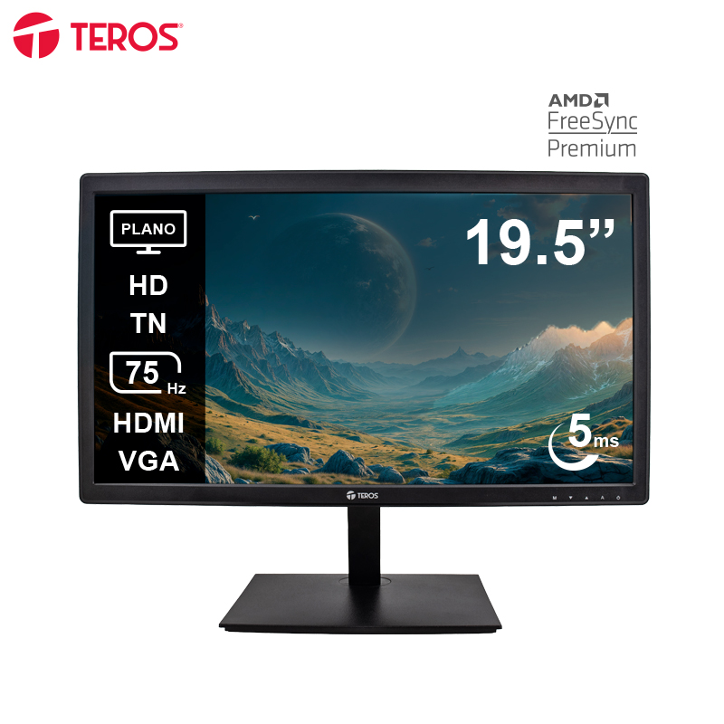 Monitor Plano Teros Te-1916s, 19.5" Hd Tn, 75hz, 5ms, Hdmi, Vga, Audio Out, Parlantes