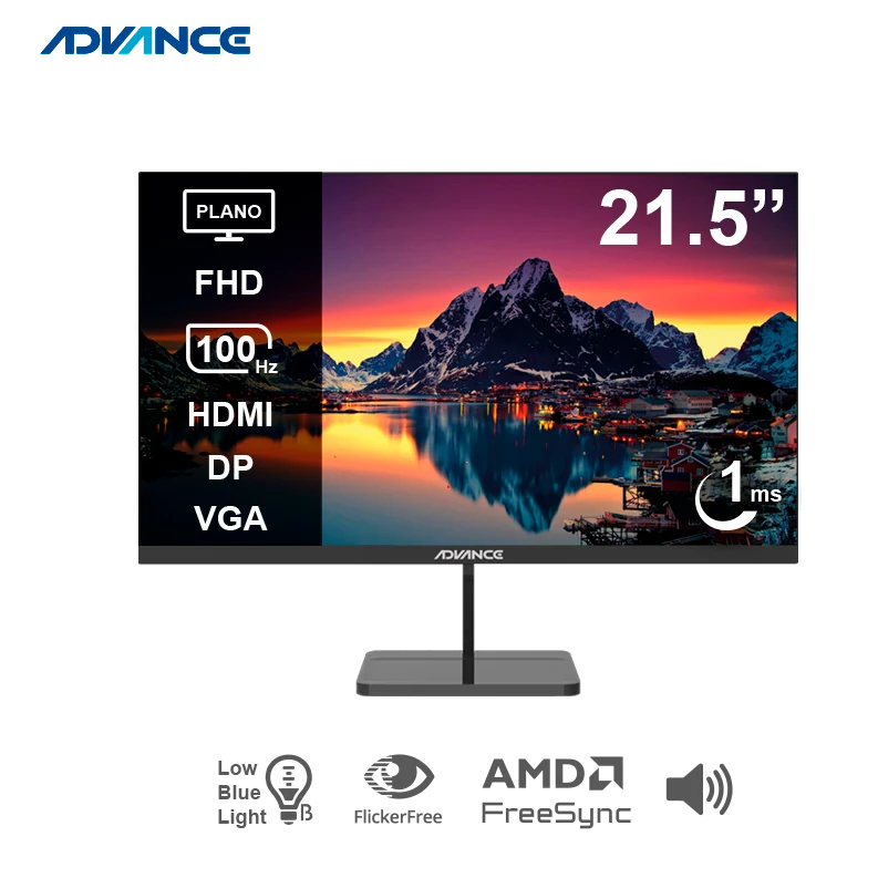 Monitor Plano Advance Adv-2152s, 21.5" Fhd Ips, 100hz, 1ms, Hdmi, Dp, Parlantes