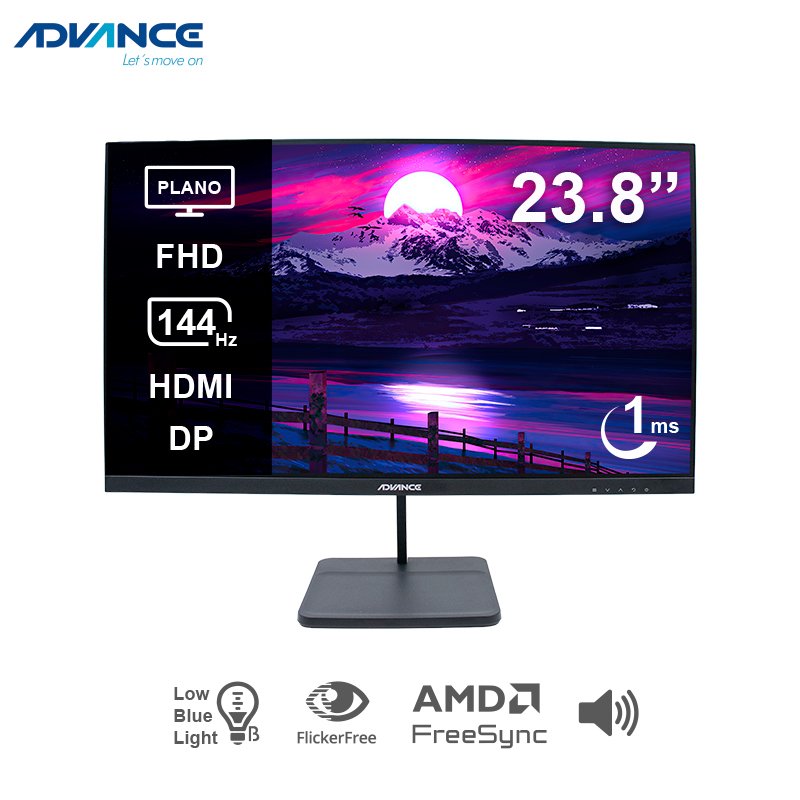 Monitor Plano Advance Adv-2454s, 23.8" Fhd Ips, 144hz, 1ms, Hdmi, Dp, Audio Out, Parlantes