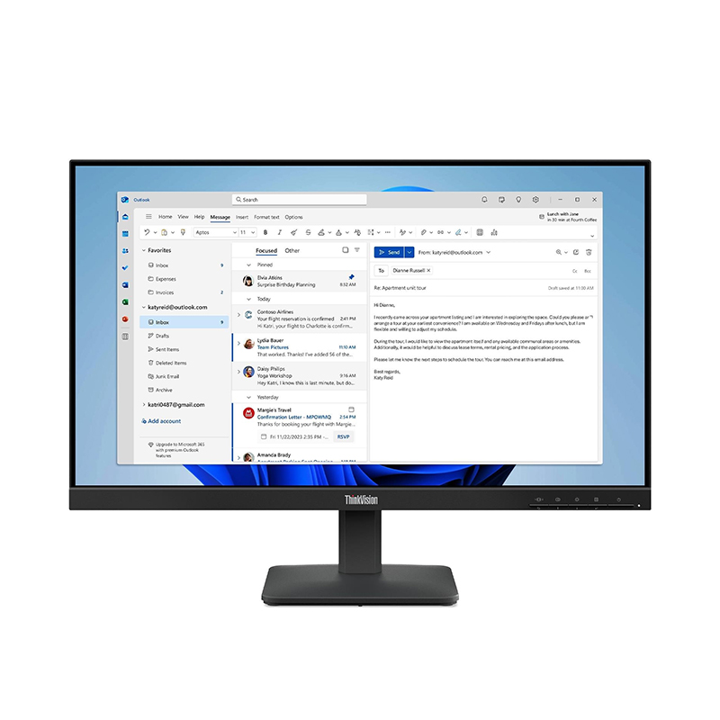 Monitor Plano Lenovo Thinkvision S24-4e, 23.8" Wled Fhd Ips/hdmi/vga