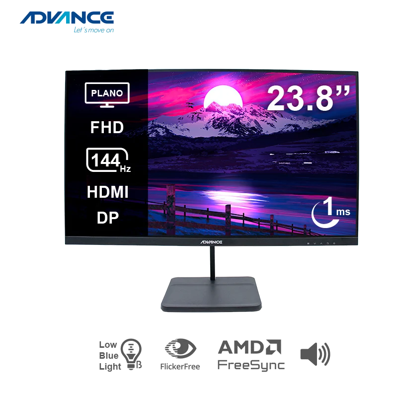 Monitor Plano Advance Adv-2454s, 23.8" Fhd Ips, 144hz, 1ms, Hdmi, Dp, Audio Out, Parlantes