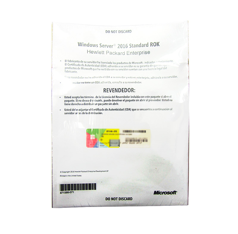Licencia Hpe Microsoft Windows Server 2016 Standar, Oem, Rok, 16 Núcleos.