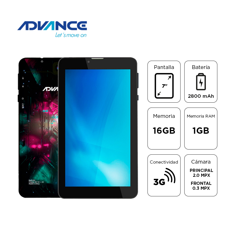 Tablet Advance Prime Pr6152, 7" 1024x600 Ips, Android 11 Go , 3g, Dual Sim, 16gb, Ram 1gb.
