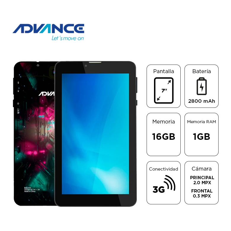 Tablet Advance Prime Pr6152, 7" 1024x600 Ips, Android 11 Go , 3g, Dual Sim, 16gb, Ram 1gb.