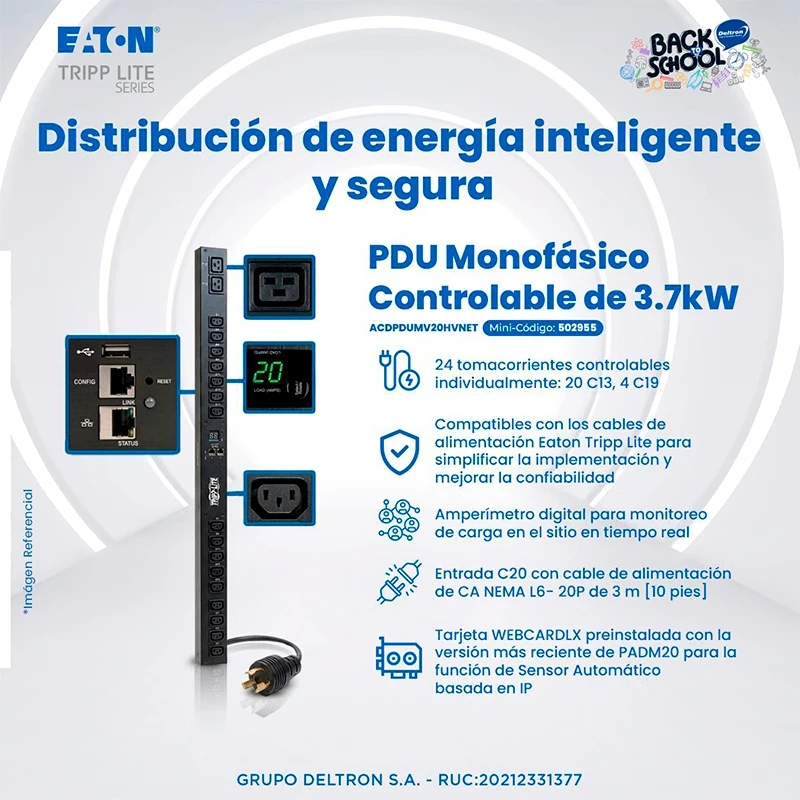 Pdu Para Rack Eaton Monofásico Controlable De 3.7kw, 24 Tomas Controlables Individualmente