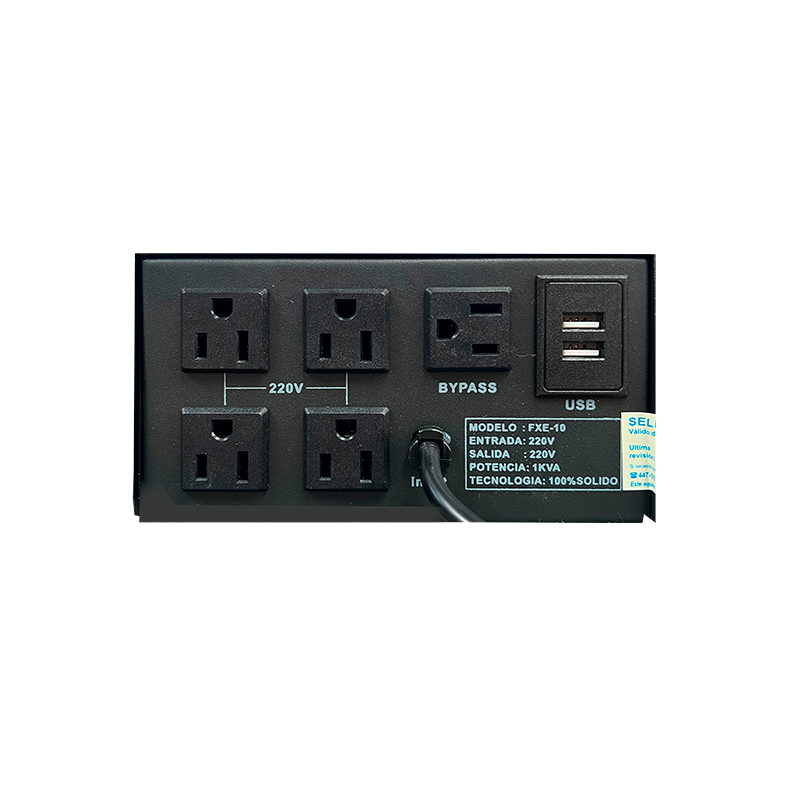 Estabilizador Elise - Fase FXE-10, Sólido, 1.0kVA, 4 tomas a 220VAC, 1 toma By-pass.