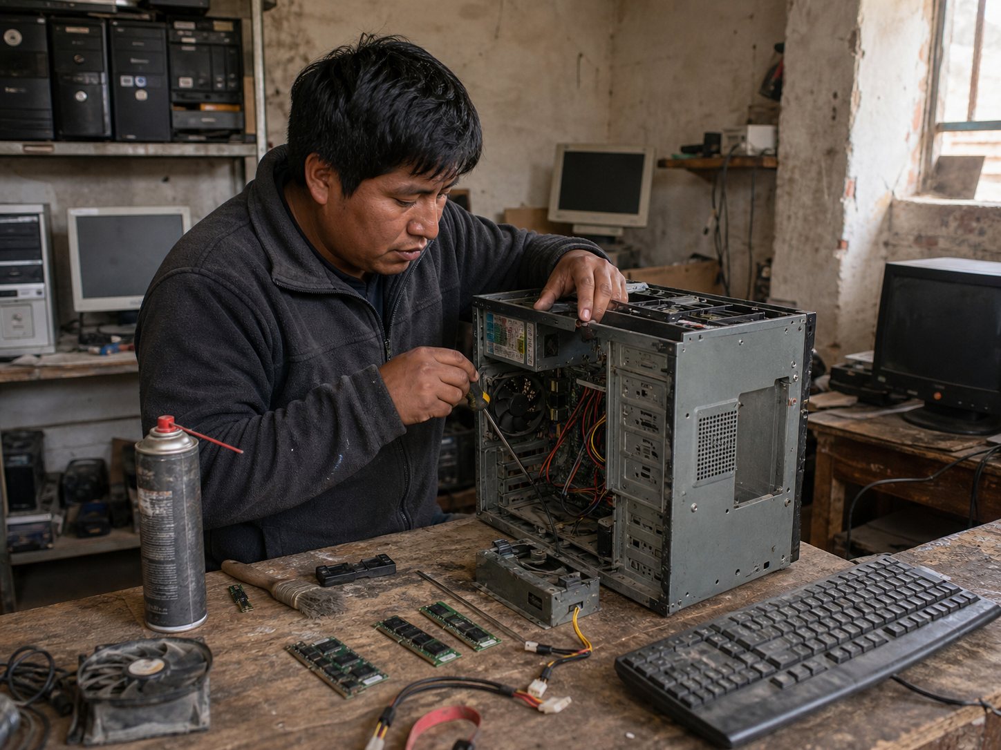 Técnico reparando y repotenciando una computadora de escritorio básica