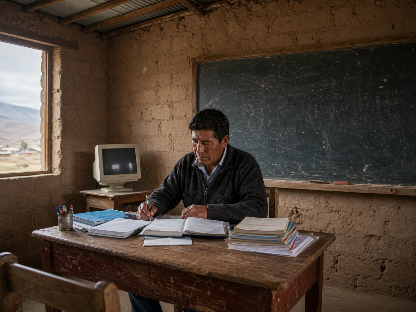 Docente en un aula rural con pocos recursos tecnológicos